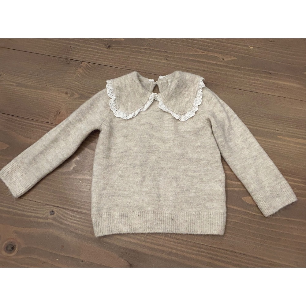 Kk33 H&M Kids Oatmeal Beige Knit Sweater Peter Pan Eyelet Lace Collar 18M